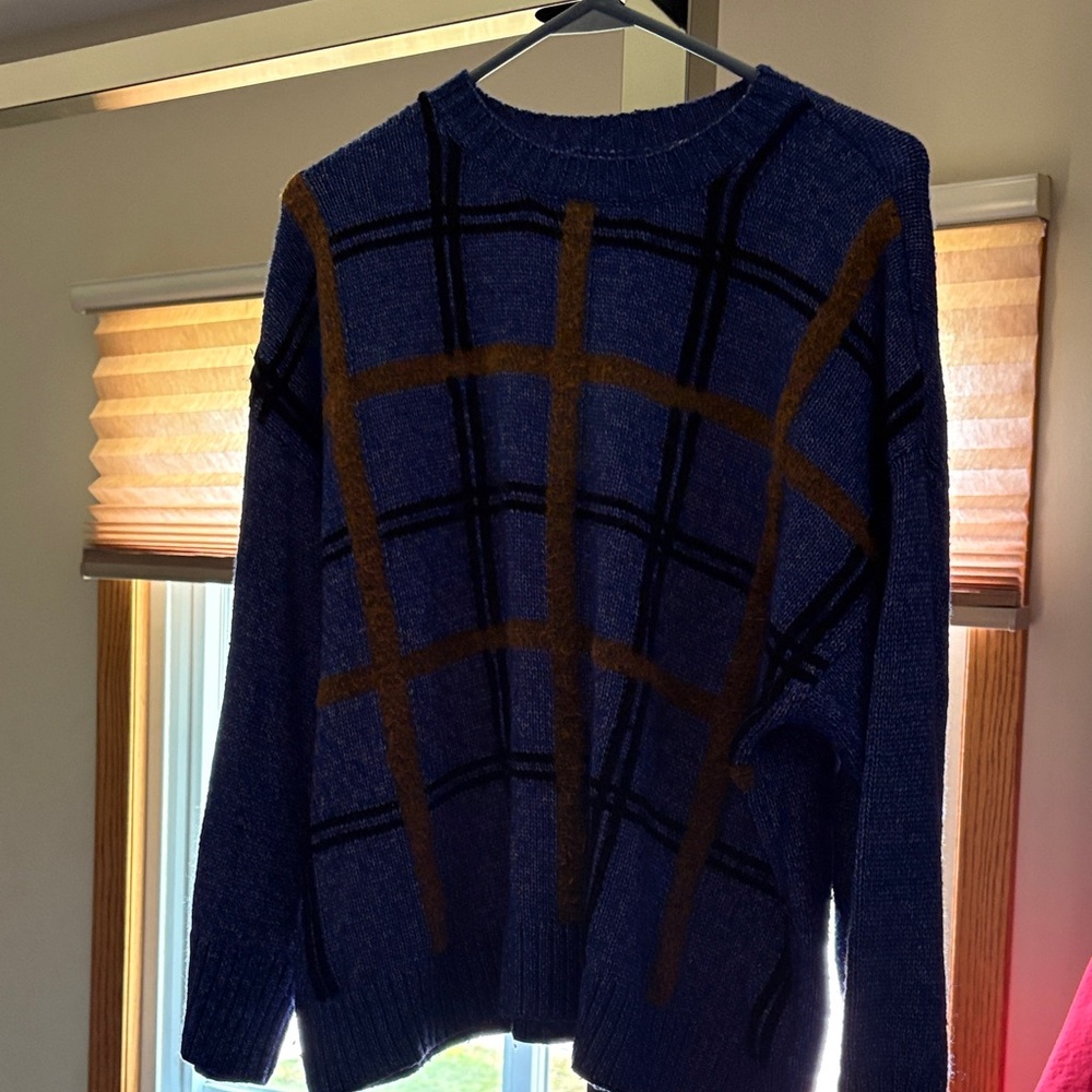Nine West Blue and Brown Checkered Crewneck Sweater
